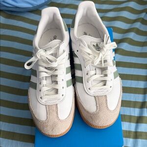 adidas White Sneakers with Sage Green Stripes and Beige Suede Accents